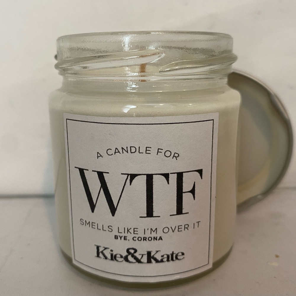 Themed ‘WTF I’m over it’ soy mini candle in glass jar.  Scent: oakmoss & Amber